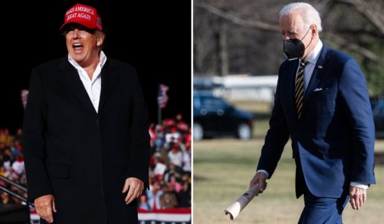 Former President Donald Trump, left, departs after speaking at a rally on Jan. 15 in Florence, Arizona. President Joe Biden walks across the South Lawn at the White House in Washington, D.C., on Thursday.