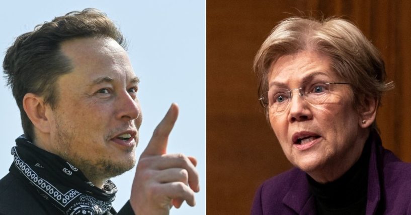 At left, Elon Musk talks during a tour of the future foundry of the Tesla Gigafactory in Grünheide, Germany, near Berlin, on Aug. 13, 2021. At right, Democratic Sen. Elizabeth Warren of Massachusetts speaks during a committee hearing on Capitol Hill in Washington on Feb. 3, 2021.