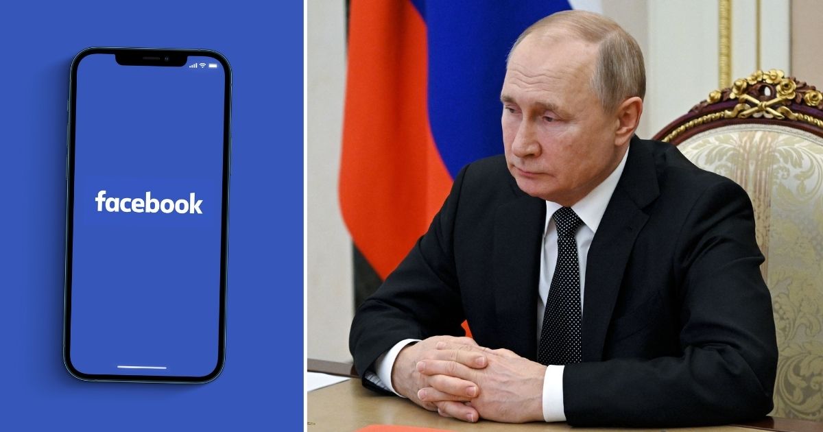 The Facebook logo is displayed on a smartphone in the stock image on the left. Russian President Vladimir Putin chairs a meeting at the Novo-Ogaryovo state residence outside Moscow on Feb. 18.