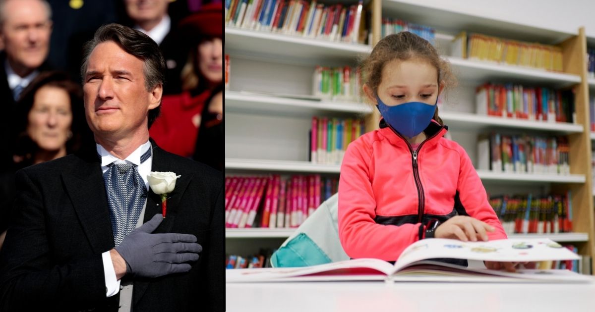 Virginia Gov. Glenn Youngkin, left, looks on during his inauguration on the steps of the State Capitol on Jan. 15 in Richmond, Virginia. A girl wearing a mask is seen in the stock image on the right.
