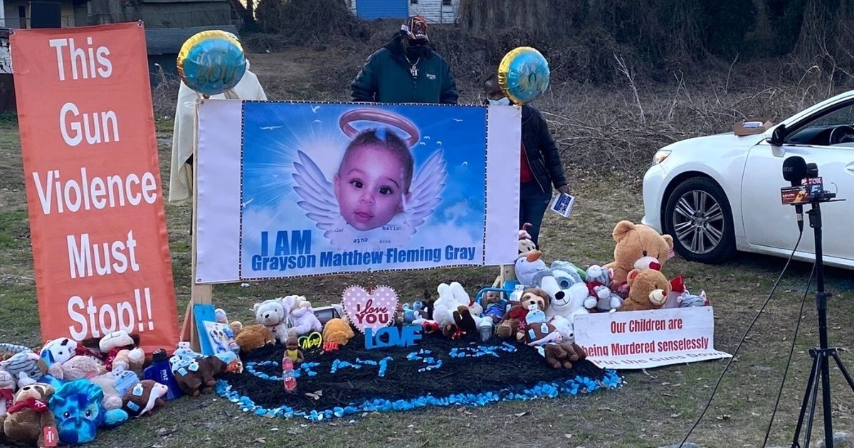 A memorial is set up for 6-month-old Grayson Fleming-Gray, who died last month in Atlanta after being hit by a stray bullet.
