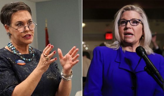 At left, Harriet Hageman addresses a meeting of the Wyoming Business Alliance in Casper on May 16, 2018. At right, Republican Rep. Liz Cheney of Wyoming talks to reporters in the U.S. Capitol Visitors Center in Washington on May 12.