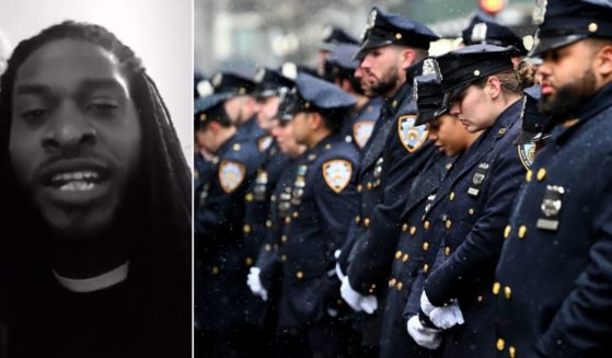 At left, Black Lives Matter activist Terrell Harper threatens to "f*** up" a police officer's funeral. At right, New York Police Department officers bow their heads for fallen Officer Jason Rivera following his funeral at St. Patrick’s Cathedral in New York on Friday.