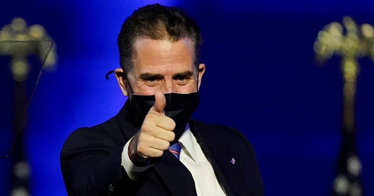 Hunter Biden, son of then-President elect Joe Biden, gives a thumbs-up to the crowd in Wilmington, Delaware, on Nov. 7, 2020.