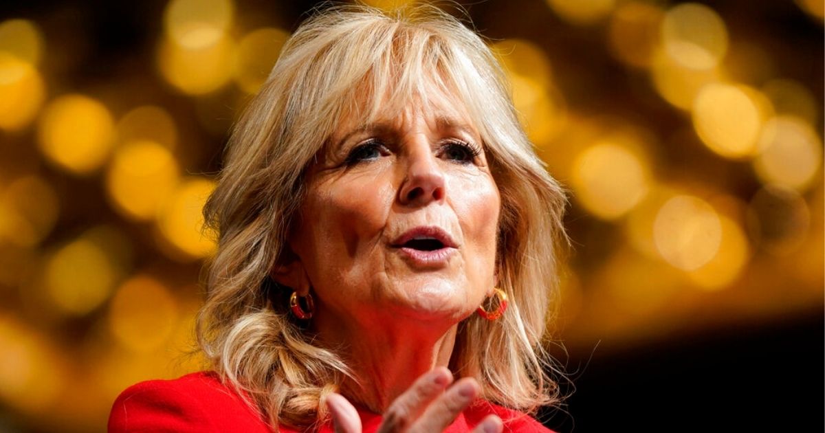 First Lady Jill Biden speaks at the Community College National Legislative Summit Monday in Washington. She told the audience that her pet project - free community college for all - has been removed from President Joe Biden's spending package.
