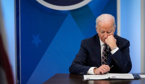 President Joe Biden participates in a virtual meeting in the South Court Auditorium of the White House complex on Tuesday in Washington, D.C.