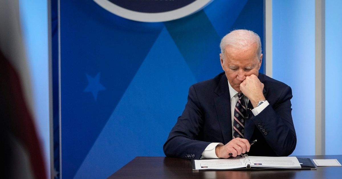 President Joe Biden participates in a virtual meeting in the South Court Auditorium of the White House complex on Tuesday in Washington, D.C.