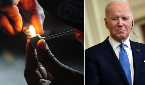A drug user lights a pipe in the stock image on the left. President Joe Biden listens during a news conference in the East Room of the White House in Washington, D.C., on Monday.