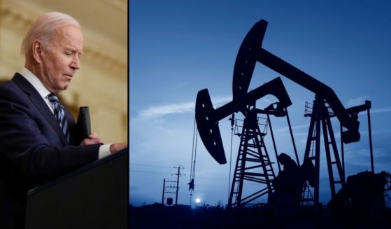President Joe Biden delivers remarks in the East Room of the White House on Thursday in Washington, D.C. A pumpjack is seen in the stock image on the right.