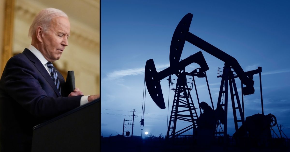 President Joe Biden delivers remarks in the East Room of the White House on Thursday in Washington, D.C. A pumpjack is seen in the stock image on the right.