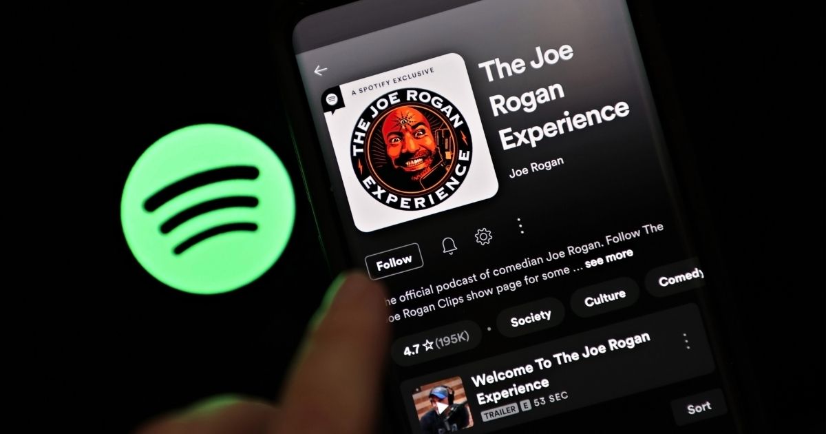 "The Joe Rogan Experience" podcast is viewed on Spotify's mobile app on Jan. 31 in New York City.