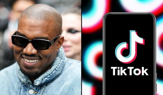 Kanye West is seen on Jan. 23 in Paris. The TikTok logo is displayed on the screen of a smartphone in the stock image on the right.