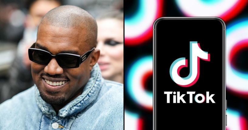 Kanye West is seen on Jan. 23 in Paris. The TikTok logo is displayed on the screen of a smartphone in the stock image on the right.