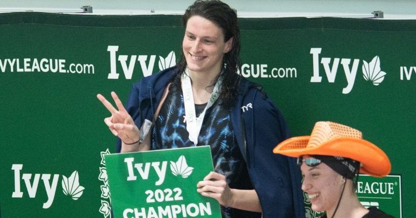 University of Pennsylvania swimmer Lia Thomas smiles on the podium after he won the 500 freestyle during the 2022 Ivy League Women's Swimming and Diving Championships at Harvard University's Blodgett Pool in Cambridge, Massachusetts, on Thursday.