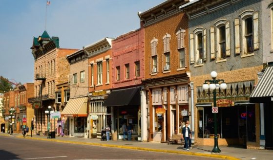 A small-town American street is seen in this stock image.