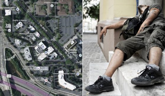 At left is a map of the area of Kirkland, Washington, where a "homeless hotel" purchase is in the works. At right, a homeless drug addict lies passed out on some steps.