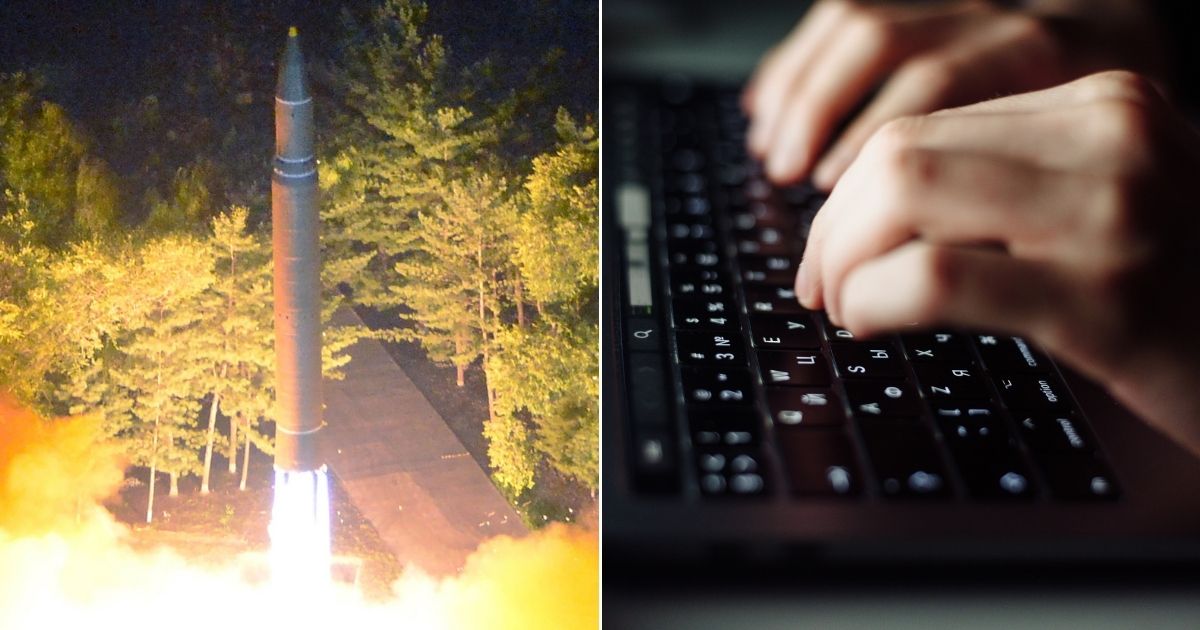 At left, a North Korean Hwasong-14 intercontinental ballistic missile is launched from an undisclosed site on July 28, 2017. At right, a man types on a computer keyboard.