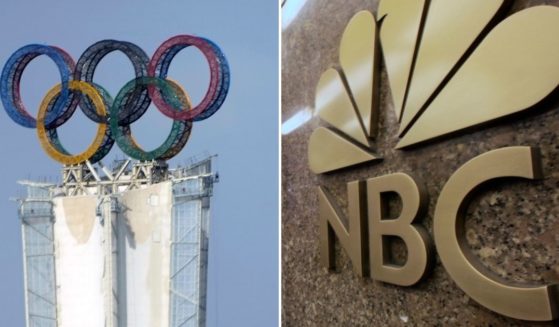 The NBC headquarters, right, in New York City was the target of a 2022 Beijing Winter Olympics protest by the Committee For Freedom In Hong Kong on Tuesday.
