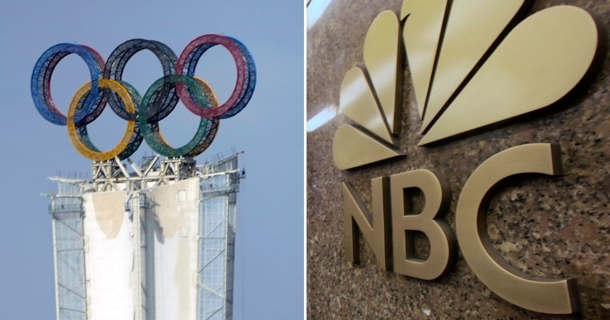 The NBC headquarters, right, in New York City was the target of a 2022 Beijing Winter Olympics protest by the Committee For Freedom In Hong Kong on Tuesday.