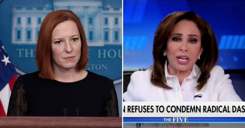 Judge Jeanine Pirro, right, responds to White House press secretary Jen Psaki's criticism of her commentary on Fox News' 