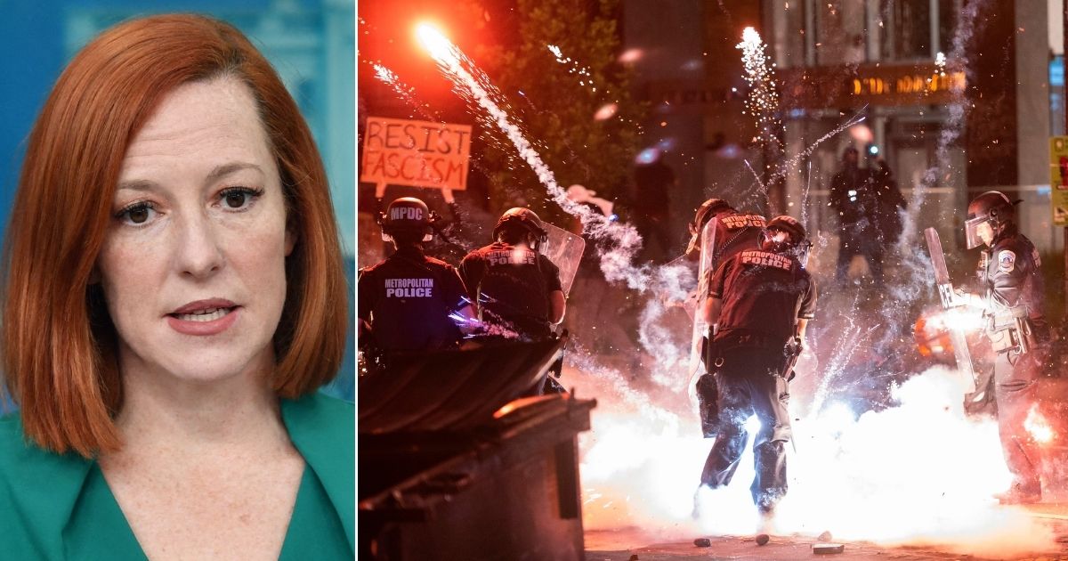 At left, White House press secretary Jen Psaki speaks during the daily press briefing at the White House in Washington on Monday. At right, a firecracker thrown by rioters explodes under police officers one block from the White House on May 30, 2020.