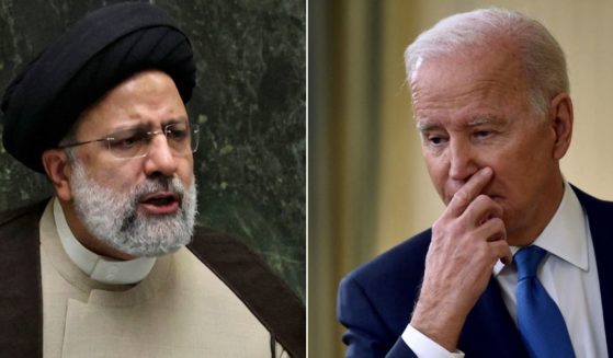 At left, Iranian President Ebrahim Raisi addresses the parliament in Tehran on Nov. 16, 2021. At right, President Joe Biden speaks in the State Dining Room of the White House in Washington on Dec. 21.