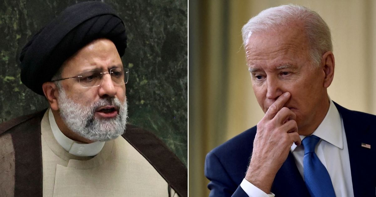 At left, Iranian President Ebrahim Raisi addresses the parliament in Tehran on Nov. 16, 2021. At right, President Joe Biden speaks in the State Dining Room of the White House in Washington on Dec. 21.