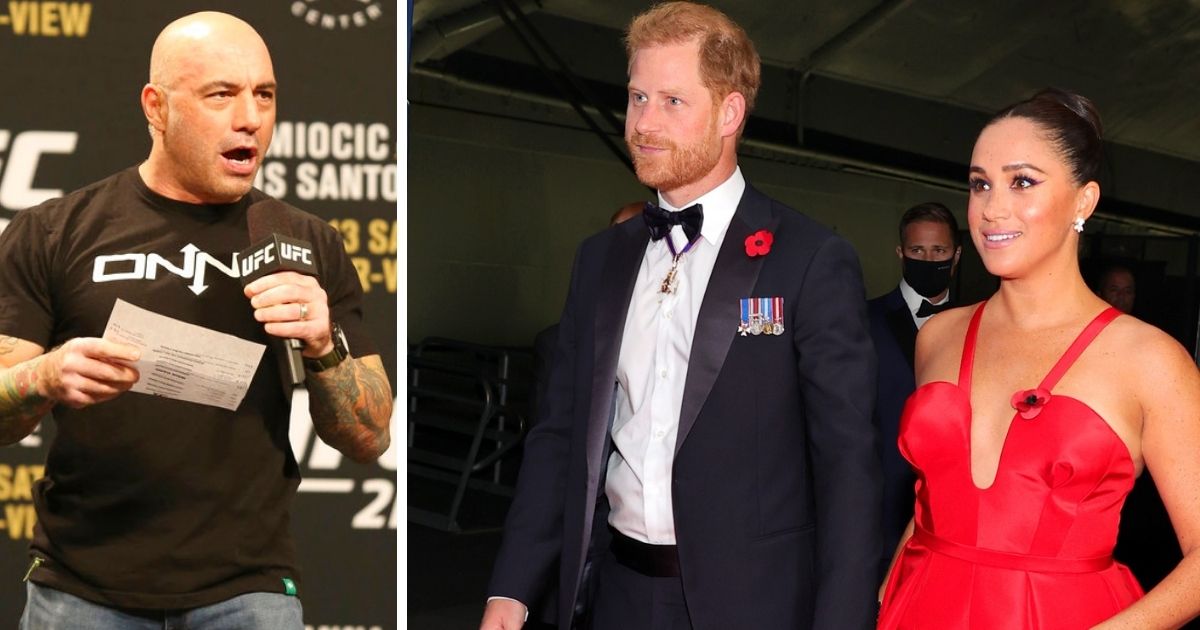 Remarks made two years ago by podcaster Joe Rogan, left, about Prince Harry and Megan Markle have resurfaced in British media.