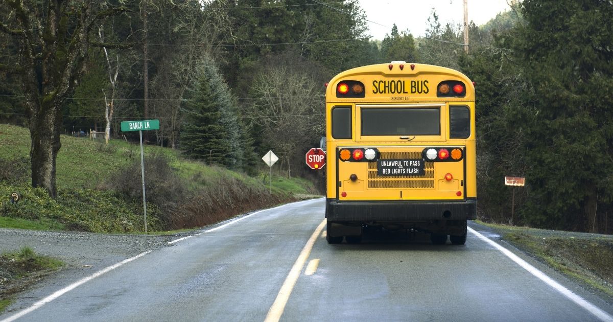 A school bus stops on a rural road to let off students.
