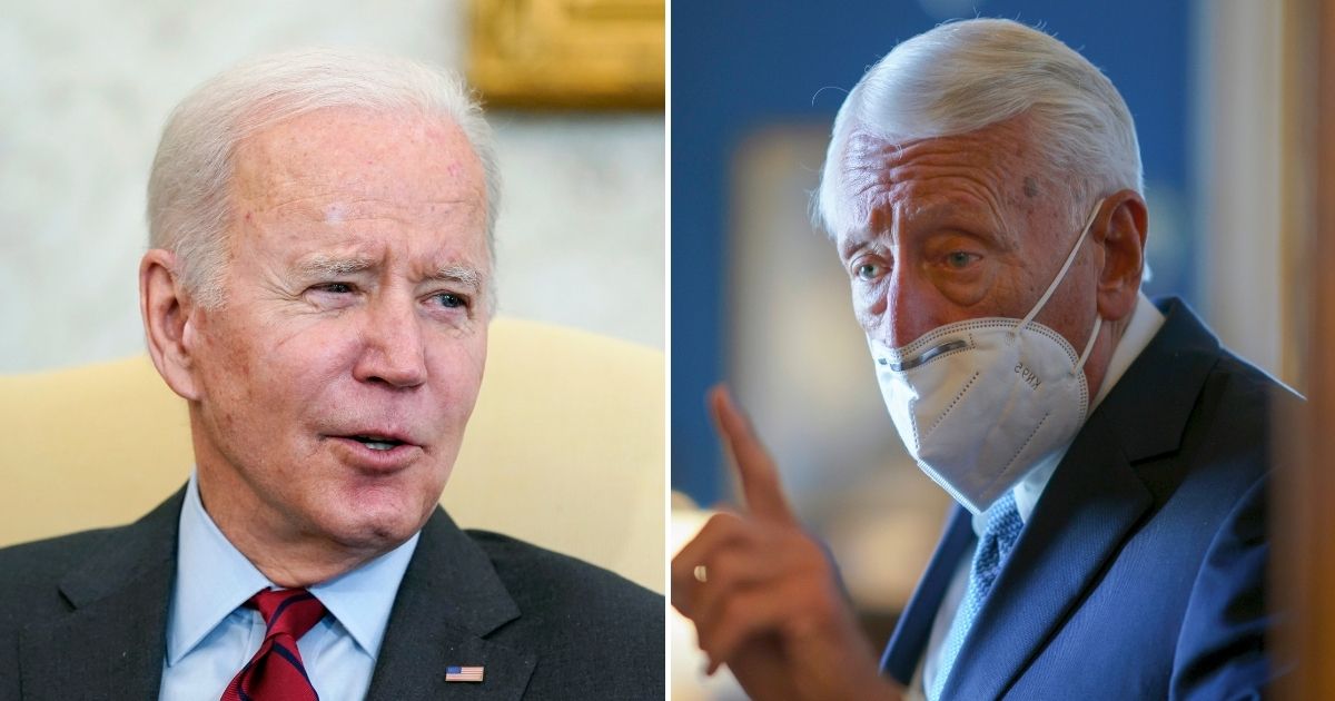 When asked if Democrats should run as "Biden Democrats," House Majority Leader Steny Hoyer, right, said the only "Democrats who deliver" will be able to defeat Republicans in the 2022 primaries. This seems to show a lack of confidence in President Joe Biden, left.