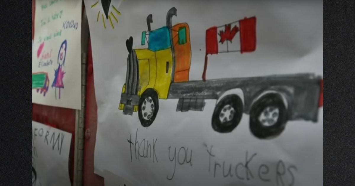 A child's drawing titled 'Thank you truckers' is just one of many pictures from young fans posted on Freedom Convoy trucks parked in Ottawa