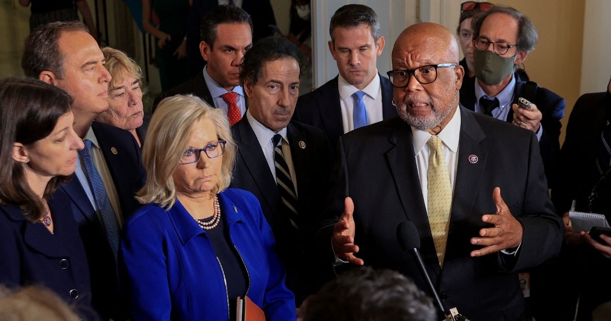 Rep. Bennie Thompson of Mississippi, chairman of the Select Committee to Investigate the January 6 Attack on the U.S. Capitol, speaks to reporters in July with Rep. Liz Cheney, a Wyoming Republican, to his right.