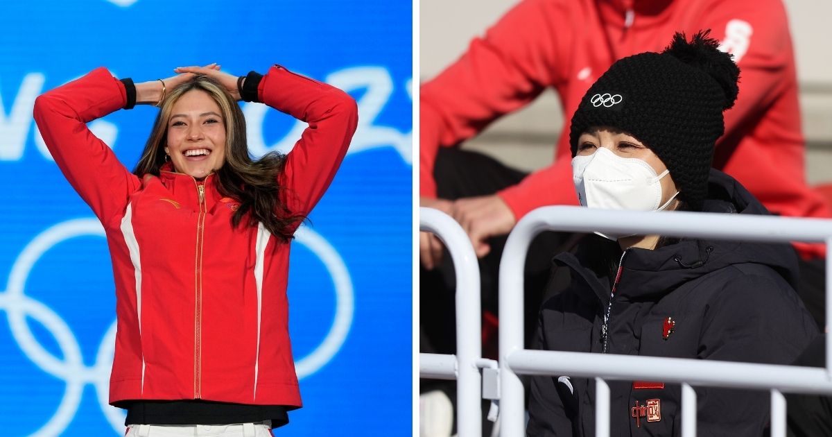 Olympic gold medalist Eileen Gu, left, the American-born woman skiing for China; right, Chinese tennis star Peng Shuai in a surgical mask