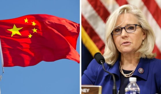 Chinese flag, left; Rep. Liz Cheney, right.