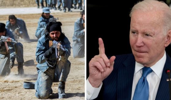 Left: Taliban fighters engage in drills. Right, President Joe Biden at a White House meeting.