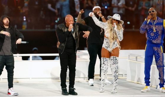 Entertainment stars Kendrick Lamar, Eminem, Dr. Dre, 50 Cent, Mary J. Blige, and Snoop Dogg perform during halftime Sunday at the Super Bowl at SoFi Stadium.
