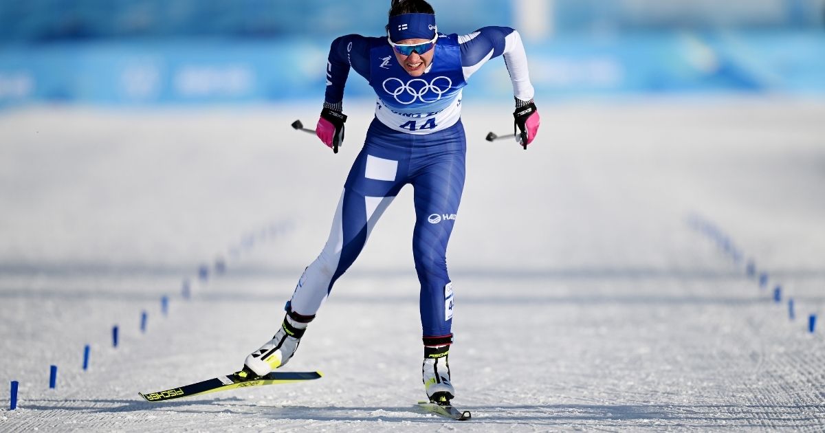 Finland's Katri Lylynpera competes during the women's cross-country sprint free qualification at the Beijing Olympics on Feb. 8, 2022, in Zhangjiakou, China.