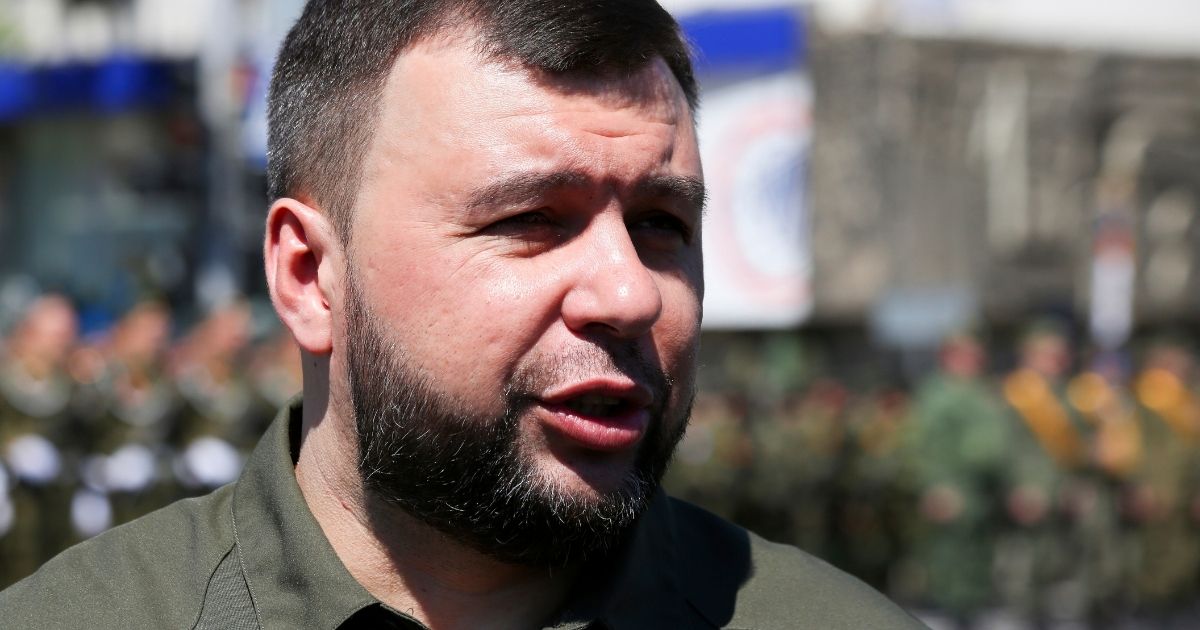 Denis Pushilin, leader of the Donetsk People's Republic controlled by Russia-backed separatists, speaks to journalists during a rehearsal for the Victory Day military parade in Donetsk, Ukraine, on May 5, 2021. This month, Pushilin has ordered women, children and elderly residents to flee because of alleged Ukrainian attacks.