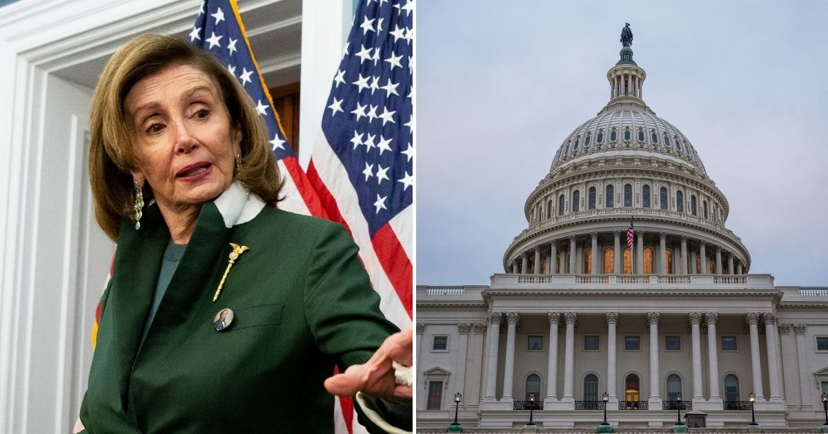 House Speaker Nancy Pelosi, left; Capitol Dome, right.