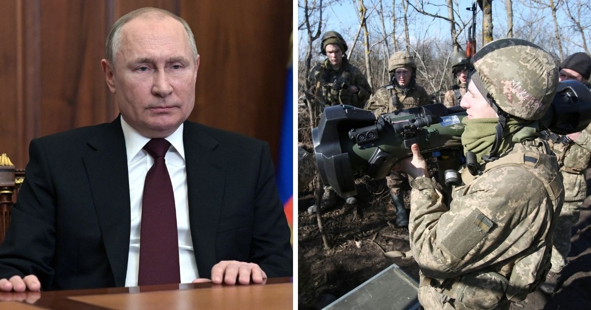 Russian President Vladimir Putin, left; Ukrainian military unit, right.