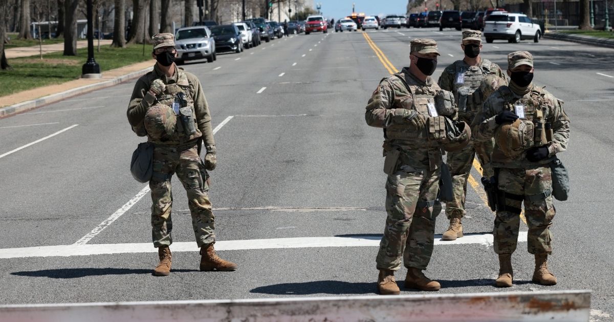 National Guard troops are pictured in Washinton, D.C., in an April 2021 file photo. Hundreds of Guardsmen returning for duty in D.C. in anticipation of trucker protests expected to arrive next week.