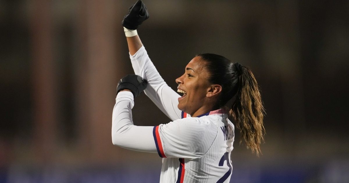 Catarina Macario, of the U.S. women's national soccer team, celebrates after scoring a goal against Iceland Wednesday at Toyota Stadium in Frisco, Texas.