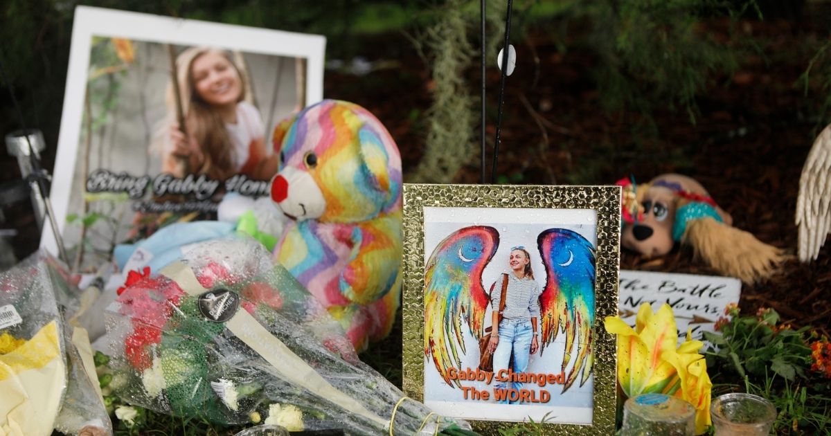 A makeshift memorial is dedicated to Gabby Petito in North Port, Florida, on Sept. 21, 2021. Petito's body was found by authorities in Wyoming two days before that.