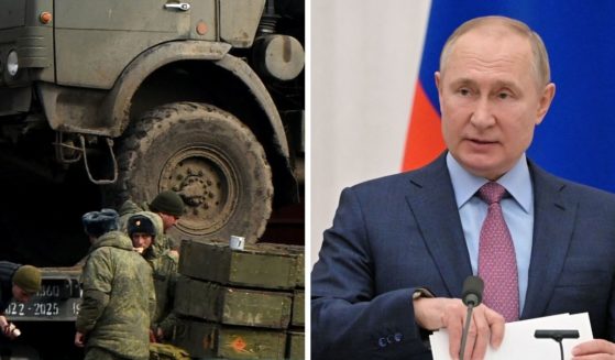 Russian military vehicles, left; Russian President Vladimir Putin, right.