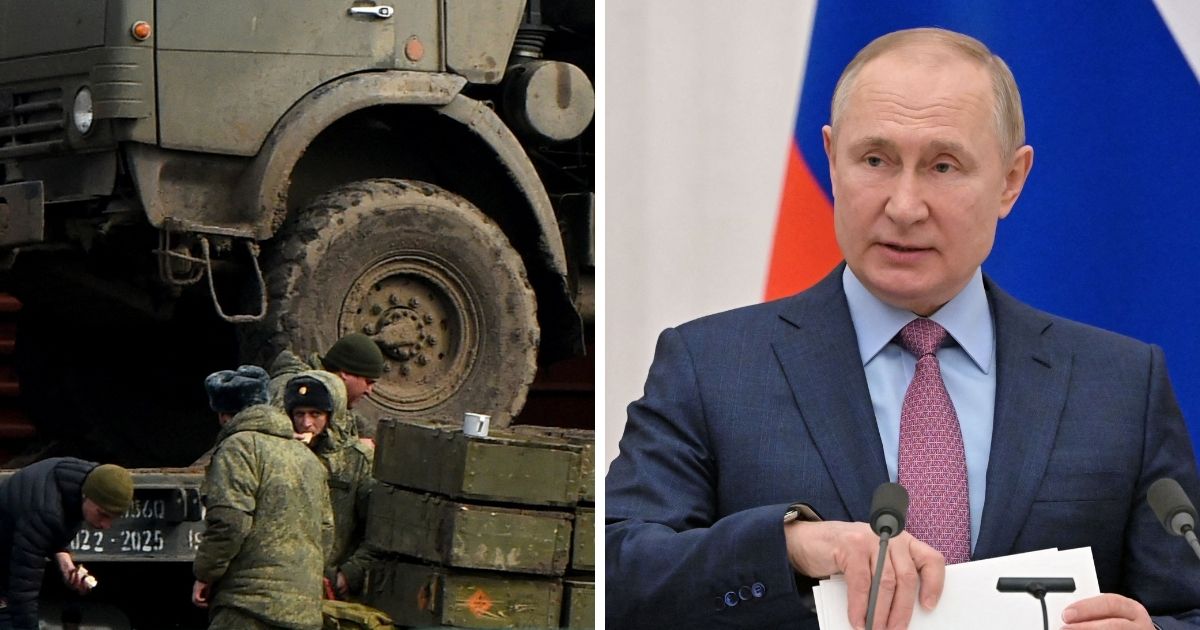 Russian military vehicles, left; Russian President Vladimir Putin, right.