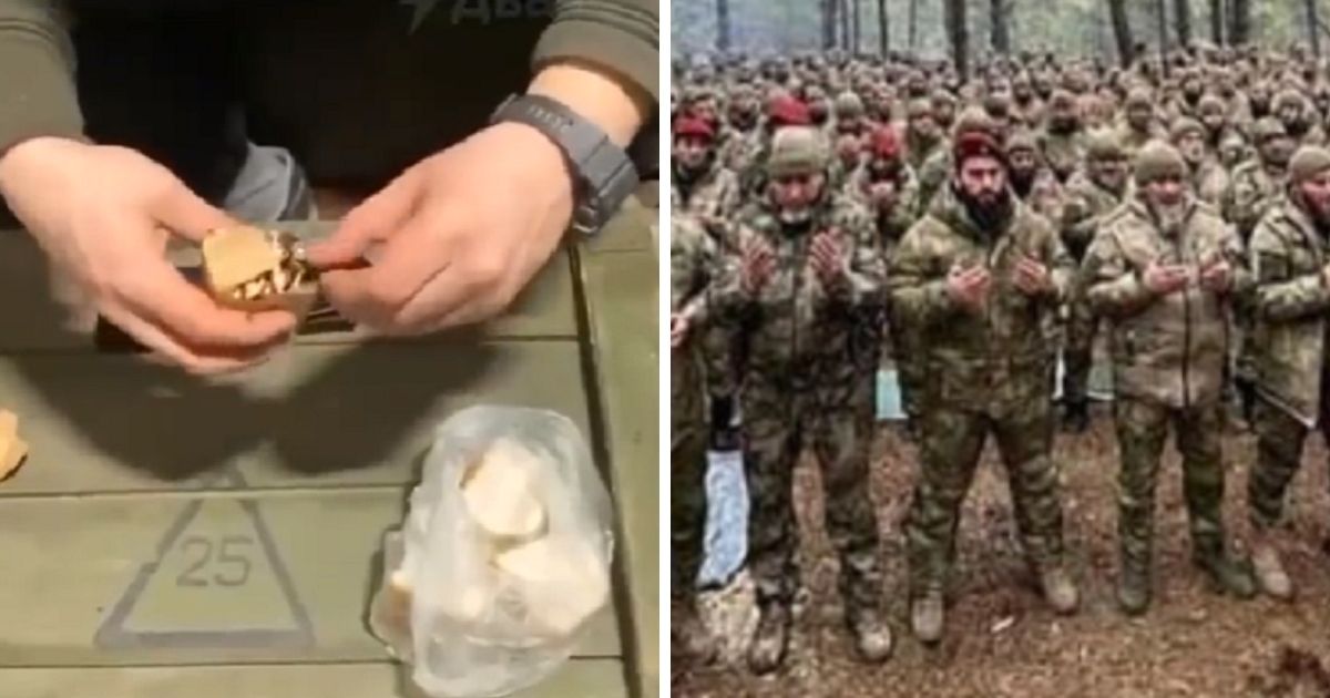 Left, a member of Ukraine's controversial Azov Battalion smears bullets with lard for use against Muslim fighters from Chechnya, right.