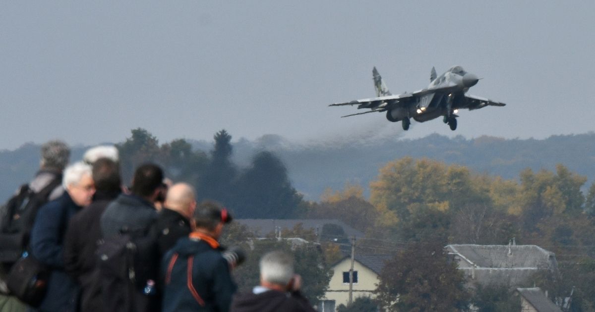 A Ukrainian MiG-29 fighter lands during an air force exercise at Starokostyantyniv military airbase in 2018 as part of a large-scale air force exercises conducted in western Ukraine with the United States and other NATO countries.