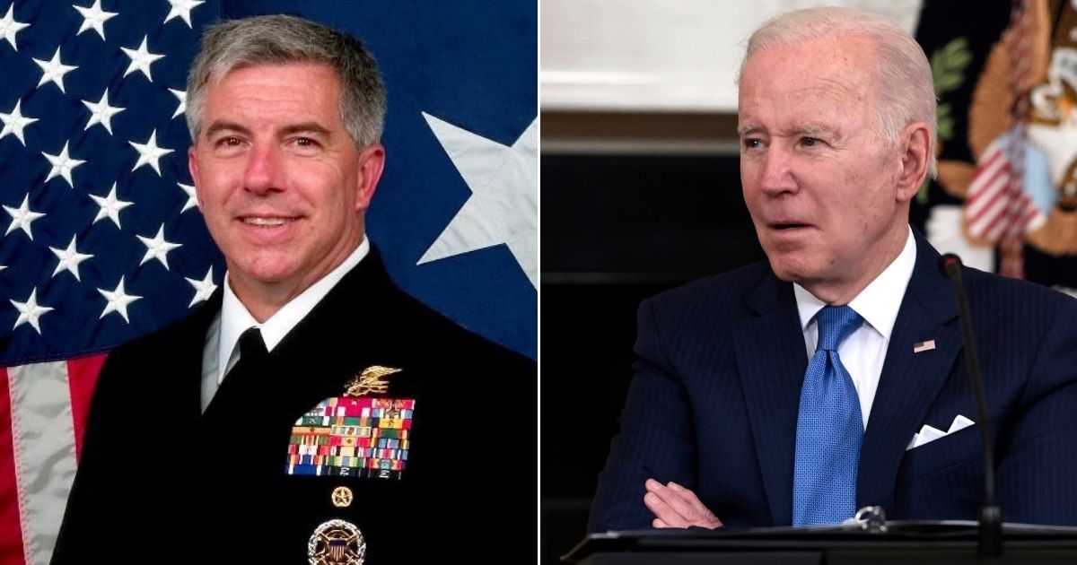 At left is the official photo of Rear Adm. Peter Vasely. At right, President Joe Biden listens during a meeting in the State Dining Room of the White House in Washington on Wednesday.