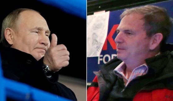 At left, Russian President Vladimir Putin attends the opening ceremony of the 2022 Winter Olympics in Beijing on Feb. 4. At right, Lincoln Project founder John Weaver is seen on a campaign bus in Bow, New Hampshire, on Jan. 20, 2016.