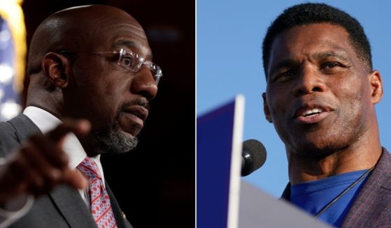 At left, Democratic Sen. Raphael Warnock of Georgia gestures as he speaks at a news conference at the U.S. Capitol in Washington on Jan. 4. At right, Republican Senate candidate Herschel Walker speaks at a rally in Perry, Georgia, on Sept. 25.